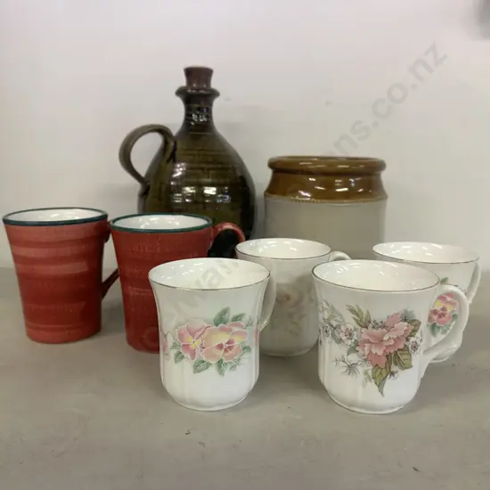Pottery Items Including Decanter, Stone Ware Pot, Mugs Etc