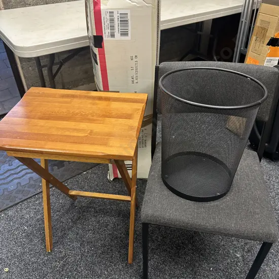 Fold Up Wooden Table, Rubbish Bin, Christmas Tree And Stacker Chair