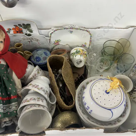 Assorted China Dinner Ware, Glass Items, Doll Etc
