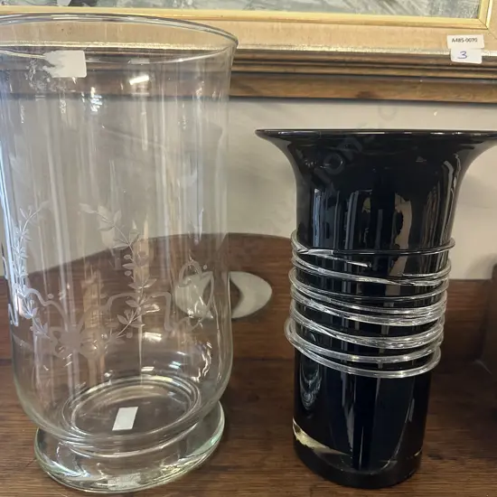 Wide Clear Etched Hurricane Lamp H29cm & Black Vase
