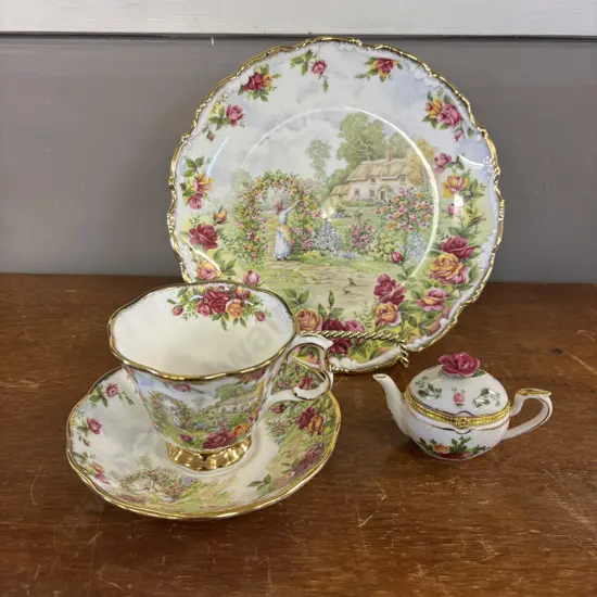 Royal Albert Old Country Roses "Garden Celebration" Cake Plate, cup and saucer - with miniature teapot