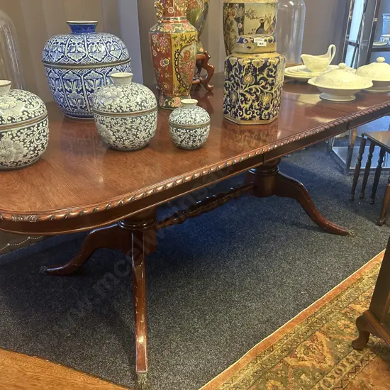 Mahogany Extension Dining Table, Rope Edged, Double Pedestal With Brass Claw Feet. 159 x 96cm With 45.5cm Extension