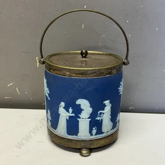 Antique Wedgwood Blue Jasperware Biscuit Barrel