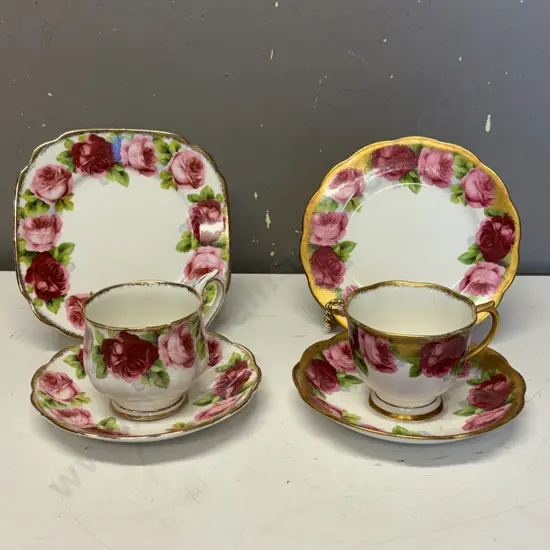 Two Royal Albert Old English Rose Trios - one old gold