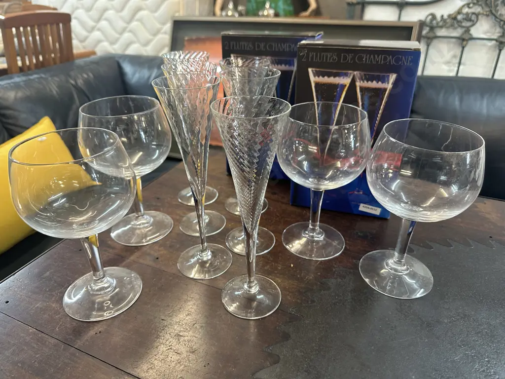 Two boxed set of 2 Champagne Flutes, Set of 6 Champagne Flutes with four large Wine Goblets Image 1++