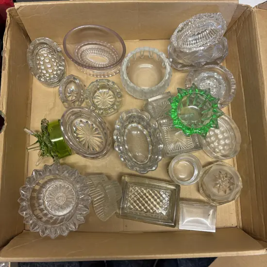 Box of Vintage Crystal and glass items incluing salt cellars