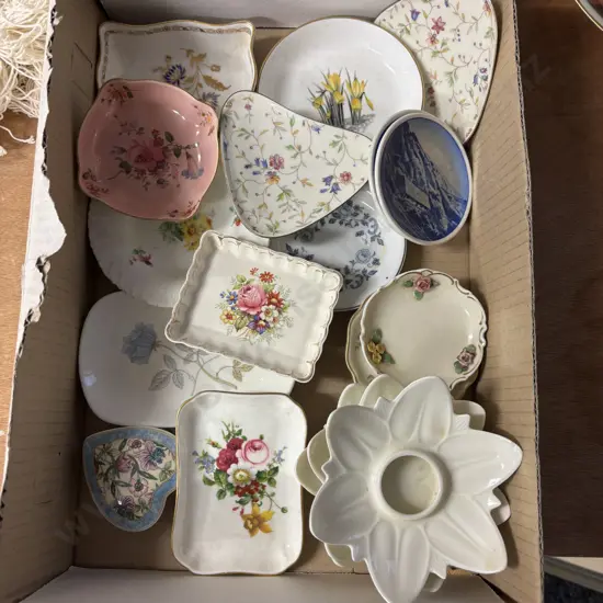 Box of Assorted Pin Dishes and candlesticks incl Wedgwood, German, Crown Derby etc