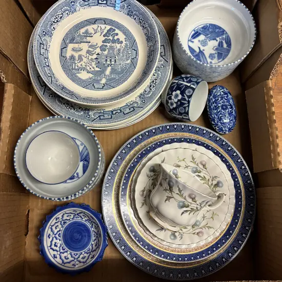 Box of Assorted Blue and white pottery, porcelain etc