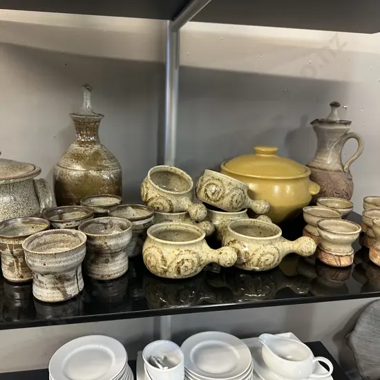 Large Selection Of Pottery Items Including Decanters, Goblets, Soup Bowls & Casserole Dishes
