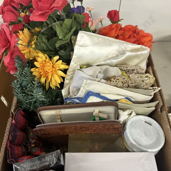 Box Of Assorted Items Including Faux Flowers, Candles, Vintage Linen Etc