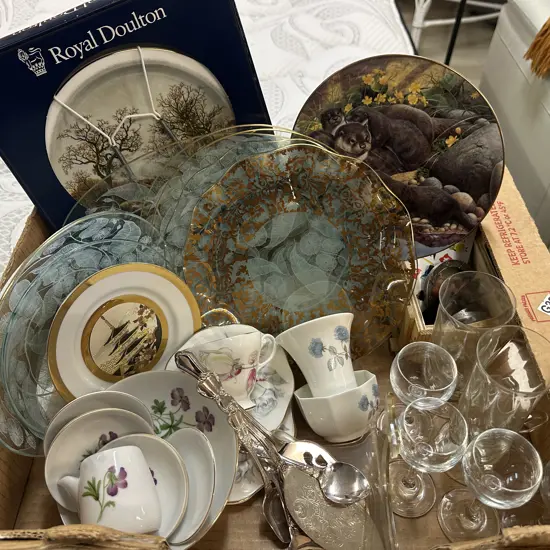 Assorted China & Glass Items Including  Royal Doulton Collector Plates, Wedgwood, Silverware Etc