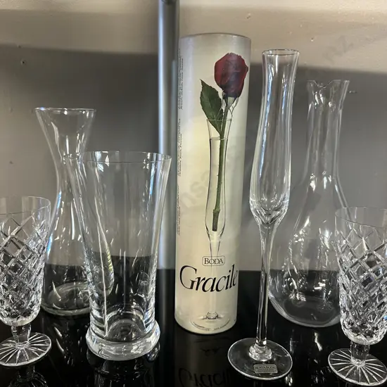 Assorted Vases Including Kosta Boda Bud Vase, Karafe Etc