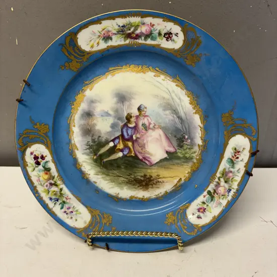 Antique Handpainted Sevres Plate. Celeste blue with gilded panels. Dia24.5cm