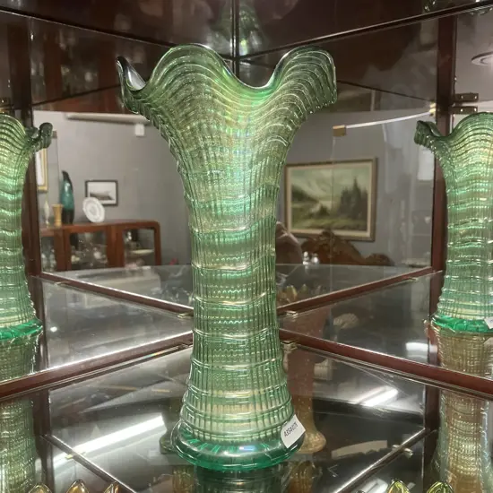 Antique c1910 Imperial Ripple Iridescent Green Carnival Glass Vase. H24cm