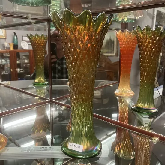 Antique Northwood Diamond Point Green Iridiscent Carnival Glass Vase. Stamped On Base. H26.5cm