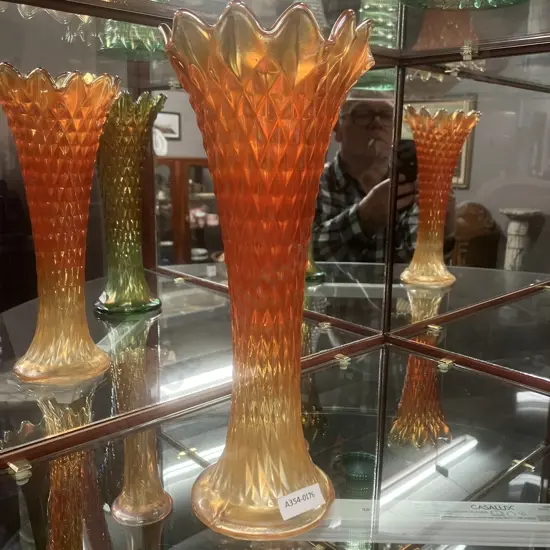 Antique Northwood Diamond Point Marigold Carnival Glass Vase. H26.5cm