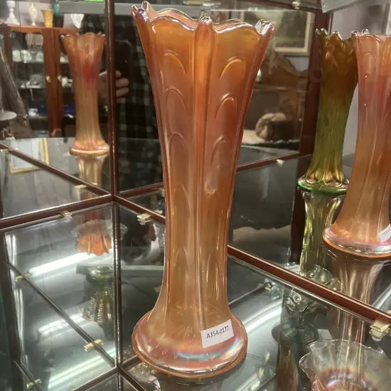 Vintage Dugan Pulled Loop Marigold Carnival Glass Vase. H24cm