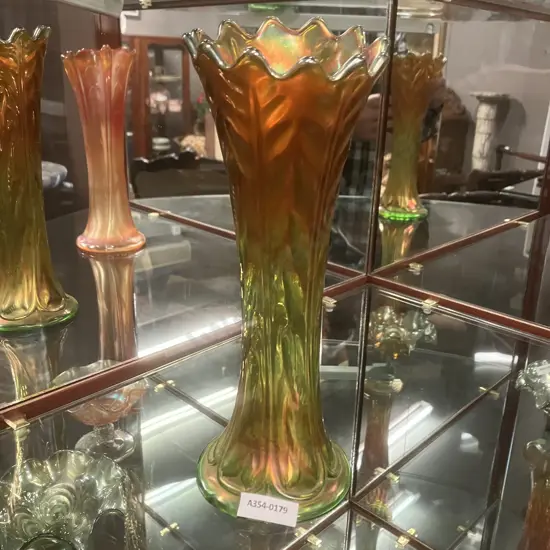 Rare Fenton Green Iridescent Fern Leaves Pattern Swung Carnival Glass Vase. H25cm