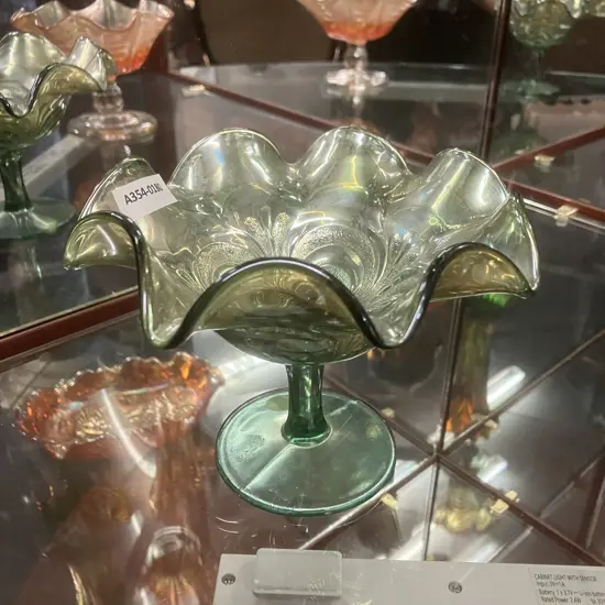 Antique Imperial Helios Green Scroll Embossed Carnival Glass Compote Stemmed. 11 x 15.5cm