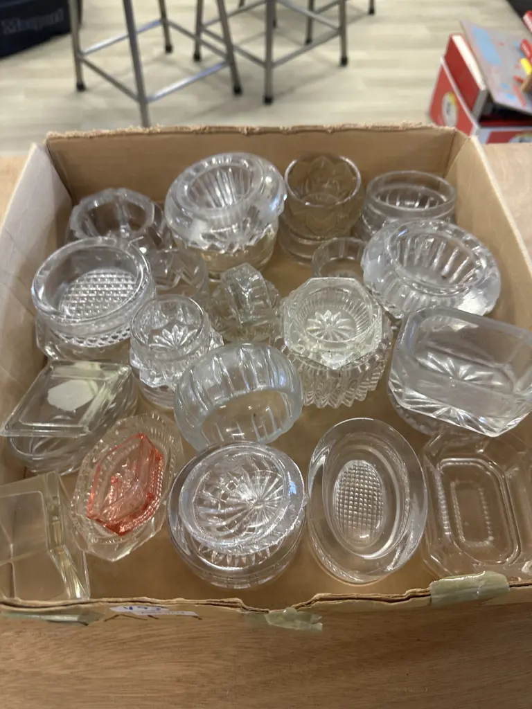 Glass Decanter with Pedestal Cake Stand, Carved Sandstone Lidded Box & Salt Dishes Image 1++