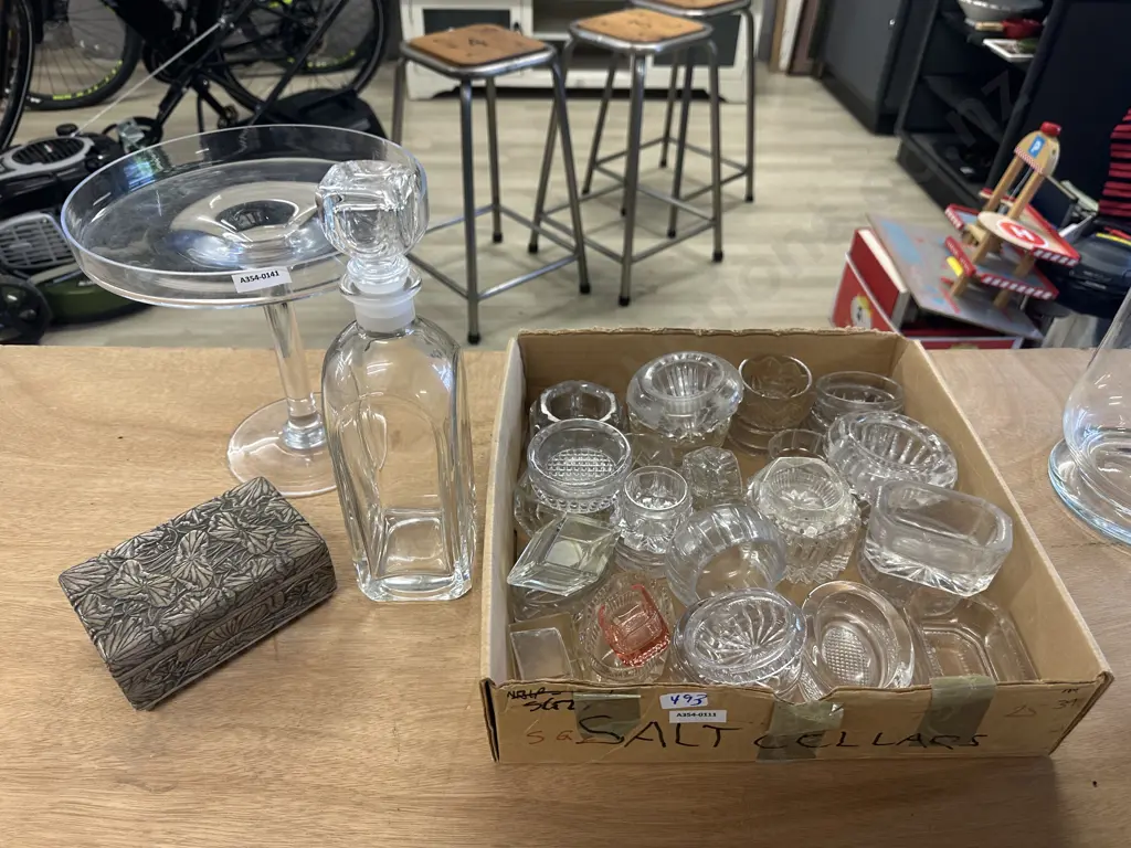 Glass Decanter with Pedestal Cake Stand, Carved Sandstone Lidded Box & Salt Dishes Image 1++