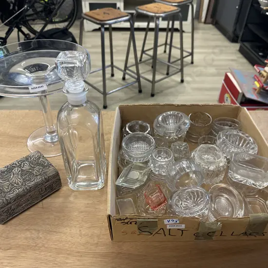 Glass Decanter with Pedestal Cake Stand, Carved Sandstone Lidded Box & Salt Dishes