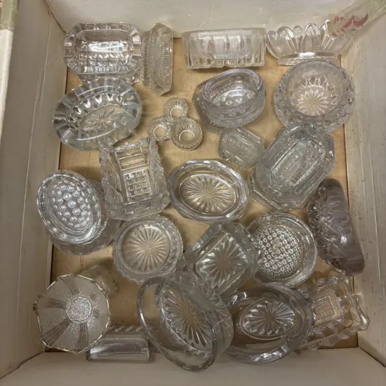 Box of Vintage Crystal and glass items incluing salt cellars