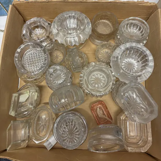 Box of Vintage Crystal and glass items incluing salt cellars
