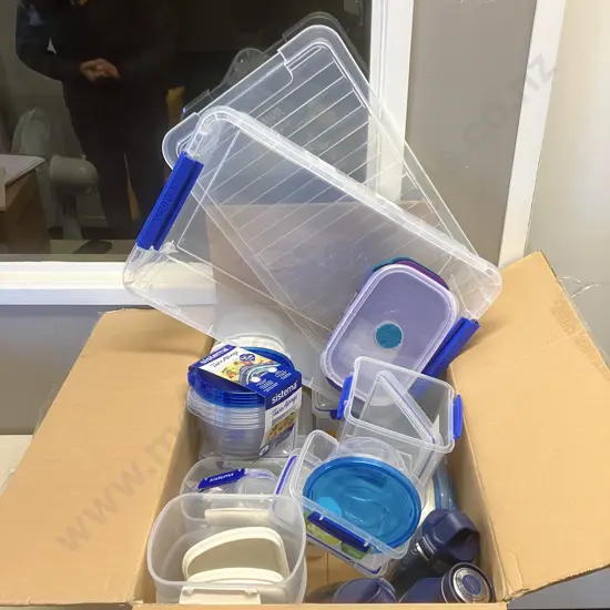 Box Lot Assorted Plasticware - Sistema, Decor Etc