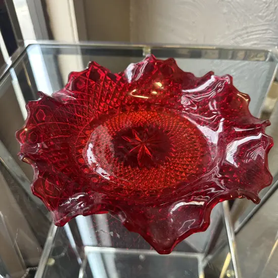 Vintage Fenton Ruby Red Hobnail Ruffled Bowl H5,Dia23cm.
