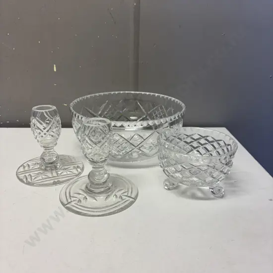 Crystal Bowl, footed sweet dish and pair of Candle sticks