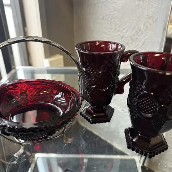 Avon Cape Cod Ruby Red Glass Pedestal Mugs & Sugar Bowl
