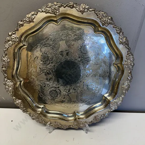 Vintage Large Silver Plated Round Ornate Serving Tray