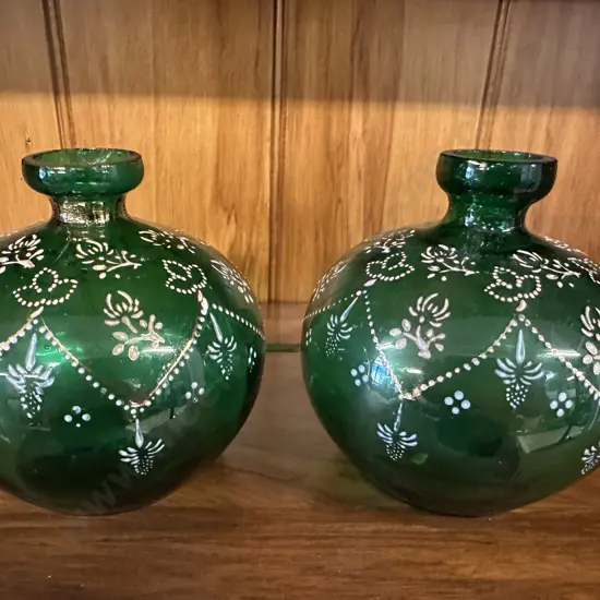 Antique Hand Blown Emerald Green Glass Bottles With Painted Floral Detail H12cm.