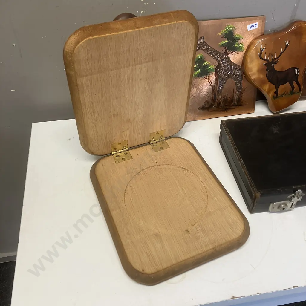 Small Vintage Case & Oak Wood Press & Vintage Wall Art x 3 Image 1++