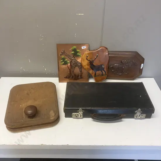 Small Vintage Case & Oak Wood Press & Vintage Wall Art x 3