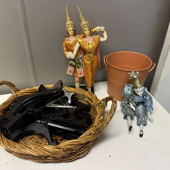 Cane Basket With Assorted Plate Stands, Figurines Etc