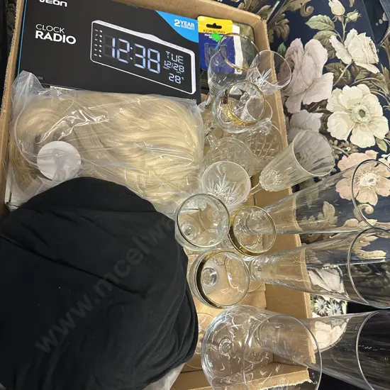 Box Of Assorted Items Including Veon Clock Radio, Haberdashery, Glasses Etc