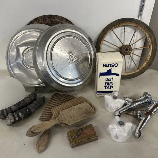 Selection Of Vintage Items Including Holden Hub Caps, Wheel, Dorf Taps Etc