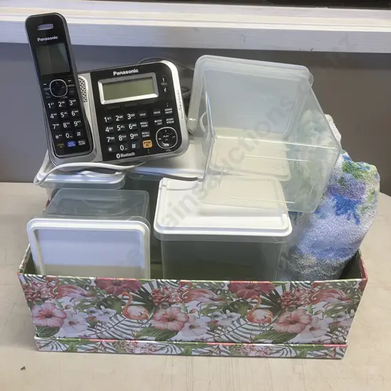 Box Lot Cuisine Queen Containers, Towel, Panasonic KX-TG7871AZ Cordless Phone