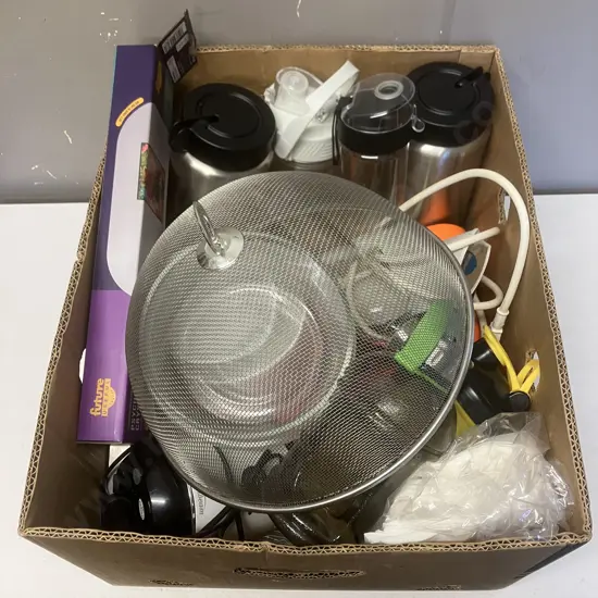 Box of Kitchenware, Drink Bottles Etc