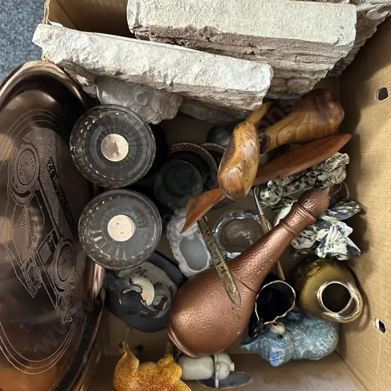 Box Of Ornaments, Candle Holders, China Items Etc