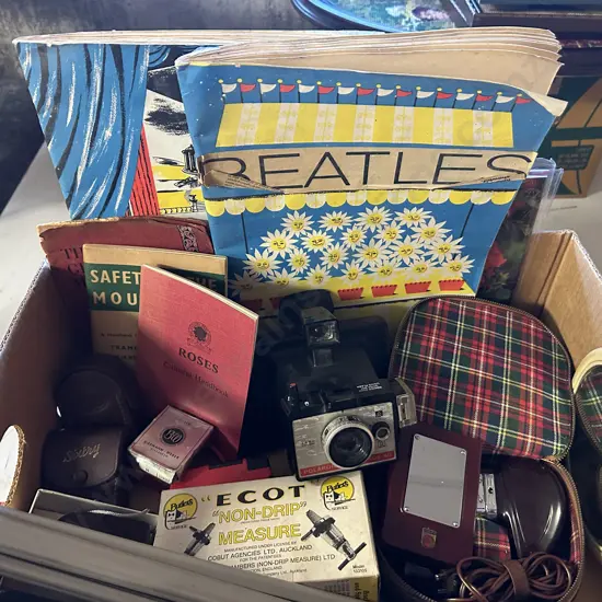 Assorted Vintage Items, Cameras, Shaver, Non Drip Measure, Tripods Etc