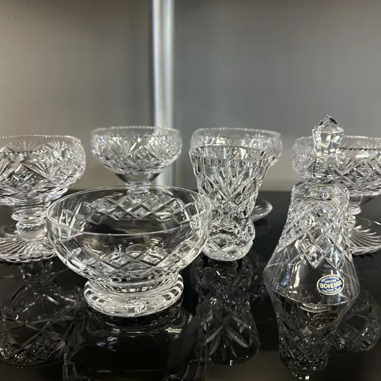 Footed Cut Crystal Sundae Dishes, Vase & Bohemia Bell
