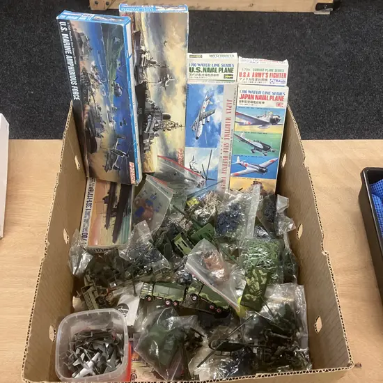 Box Lot Assorted War Figures, Vehicles Etc