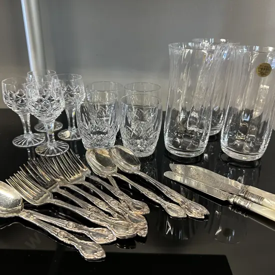 Selection Of Crystal Glasses Including Capri, Austra Etc & Assorted Silverware Cutlery
