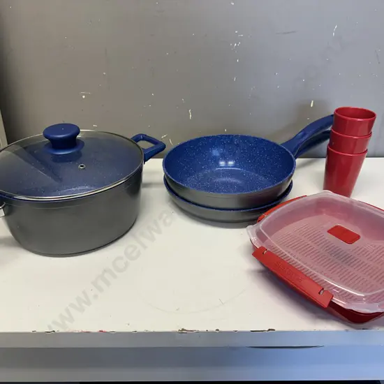 Flavourstone Stock Pot & 2 Skillets, Plasticware Etc