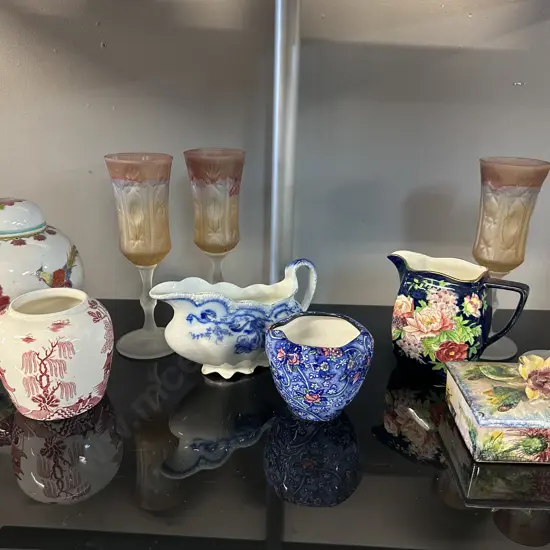 Assorted China & Glass Items Including Ginger Jar, Creamer, Trinket Dish Etc