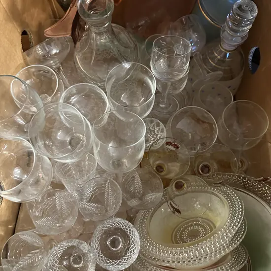 Box Of Glass Items Including Vintage Items Including Vintage Glass Decanters Etc