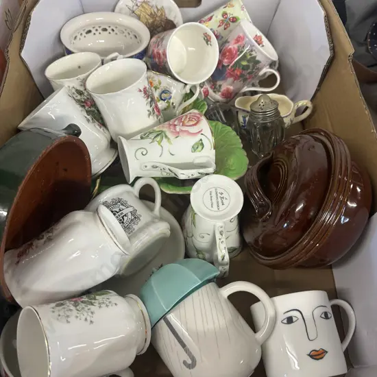 Assorted China Items Including Pearsons Lidded Casserole Dish, Coffee Mugs Etc